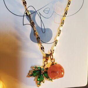 Jade pumpkin, emerald leaf stailess steel necklace